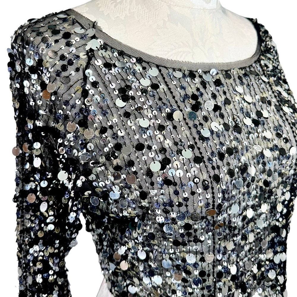 havenbleu Black Sheer Silver Sequin Cropped Long Sleeve Top Small - Picture 3 of 14